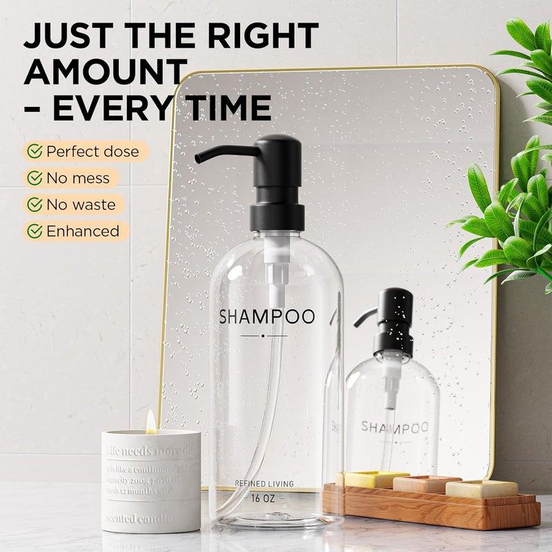 Aeakey Shampoo and Conditioner Dispenser Set,3 Refillable 16oz Bottles with Stainless Steel Pumps – Shower Soap Dispensers for Bathroom, Hotel or Airbnb (Transparent, 3-Pack) - Image 5